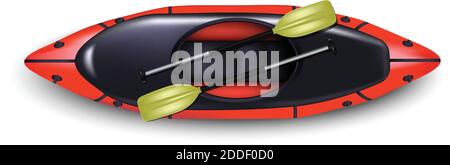 zattera vettoriale rossa 3d realistica con remi gialli nella vista dall'alto. Isolato su sfondo bianco. Illustrazione Vettoriale