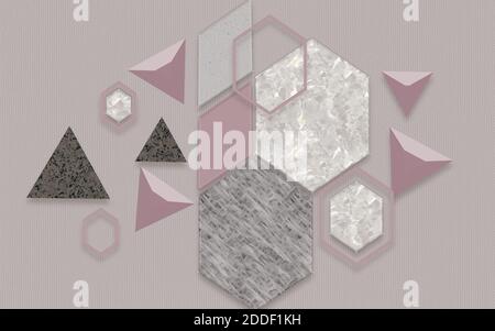 illustrazione 3d, sfondo grigio, rombi, triangoli ed esagoni di rosa e grigio Foto Stock