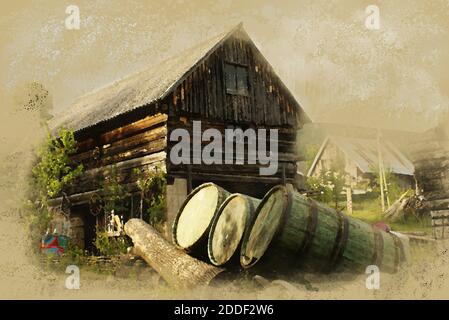 Una vecchia casa nel bosco di fronte alla casa di una botte di vino in legno. Lika. Croazia Foto Stock