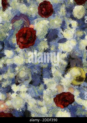 Albero di natale bianco e sfere decorative dorate e argentate fiori rossi illustrazioni crea uno stile impressionista di pittura. Foto Stock