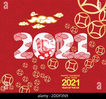 Felice anno del banner Ox in stile arte su sfondo rosso, felice lunare nuovo anno 2021 Illustrazione Vettoriale