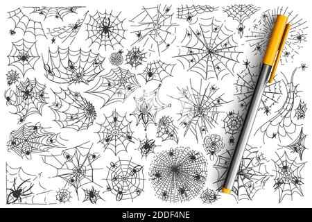 Spider web doodle Set. Raccolta di trappola per reti arachnide per insetti simbolo di Halloween isolato su sfondo bianco. Illustrazione della metafora Internet e del modello di tatuaggio. Illustrazione Vettoriale