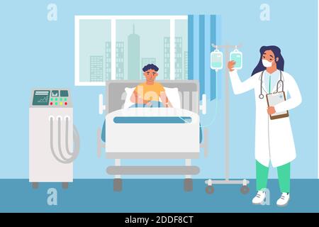 Camera ospedaliera per bambini. Ragazzo malato sdraiato a letto, infermiera femminile in piedi accanto al gocciolamento, immagine vettoriale piatta. Salute dei bambini Illustrazione Vettoriale