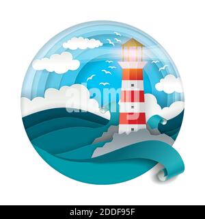 Faro tra le onde infurianti illustrazione vettoriale in stile arte della carta Illustrazione Vettoriale