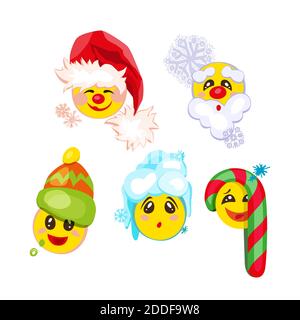 Icone per il set di emoticon natalizie, simboli di emoji natalizie, isolati su sfondo bianco, illustrazione vettoriale. Illustrazione Vettoriale