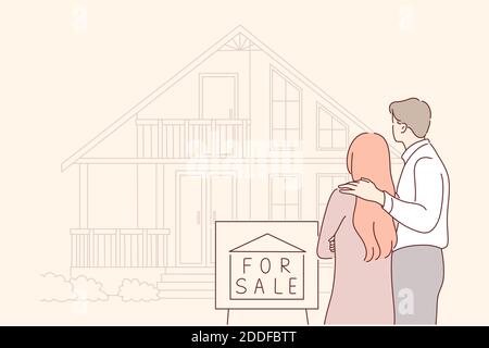 Acquisto, vendita, casa, immobiliare, casa. Giovane triste coppia in amore, marito e moglie caratteri vendere, lasciando la loro casa offerta per la vendita becaus Illustrazione Vettoriale