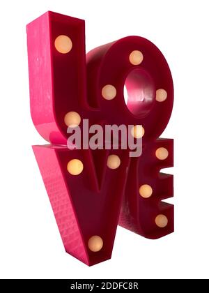 Scritta amore rosa con luci accese. Testo rosso decorativo 3D con lampadine. Isolato su sfondo bianco. Foto Stock