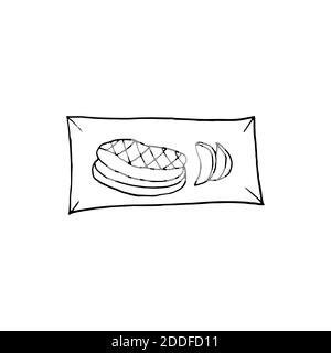 Foie gras disegnate a mano vettoriale sulla piastra. Piatto di cucina francese. Design elemento di schizzo per menu cafè, bistrot, ristorante, etichetta e imballaggio. Illustrazione Illustrazione Vettoriale