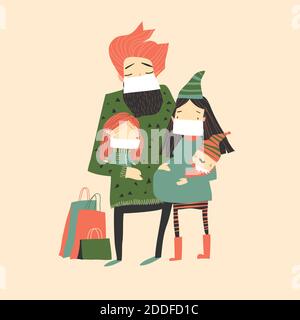 Cartone animato famiglia felice indossare maschera protettiva viso Illustrazione Vettoriale