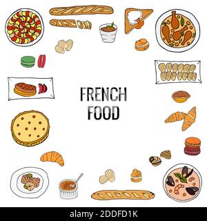 Vettore mano disegnata di cibo francese. Set colorato di piatti francesi e panetteria con croissant, macaron, profiterole, baguette, bouillabaisse, escargot, qu Illustrazione Vettoriale