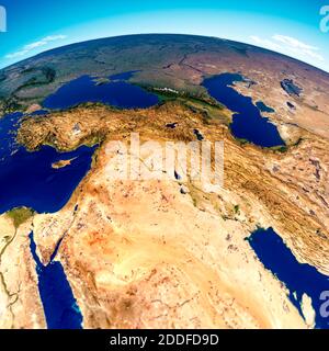Vista satellitare, mappa della Penisola arabica, mappa fisica del Medio Oriente, rendering 3d, mappa con rilievo e montagne. Israele, Turchia, Siria, Iraq, Giordania Foto Stock