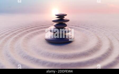 Pietre equilibrate Zen-come in pila. Concetto di armonia e meditazione. Illustrazione con rendering 3D. Foto Stock