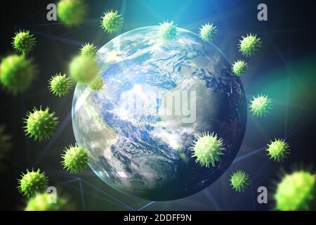 Concetto di pandemia globale del coronavirus. Molti virus che causano la malattia di COVID-19 volare intorno alla Terra. Foto Stock