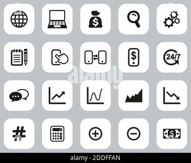 Mercato azionario o Borsa icone Bianco e nero piatto Set di design grande Illustrazione Vettoriale