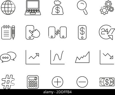 Mercato azionario o Borsa icone Nero e Bianco sottile Set di linee grande Illustrazione Vettoriale