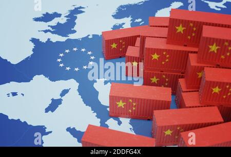 Container merci cinesi sulla mappa dell'Europa. Importazione del concetto di merci chenesi. Illustrazione con rendering 3D. Foto Stock