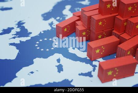 Container merci cinesi sulla mappa dell'Europa. Importazione del concetto di merci chenesi. Illustrazione con rendering 3D. Foto Stock