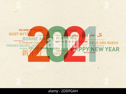 2021 felice anno nuovo vintage carta dal mondo in lingue diverse Foto Stock