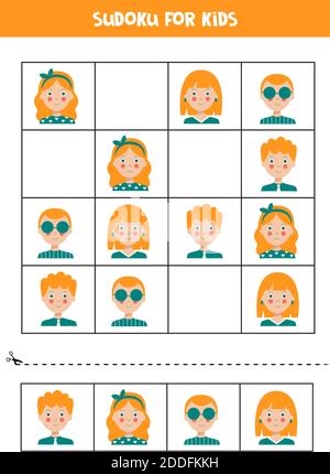 Sudoku per bambini con i volti di ragazzo e ragazza. Gioco logico educativo. Illustrazione Vettoriale
