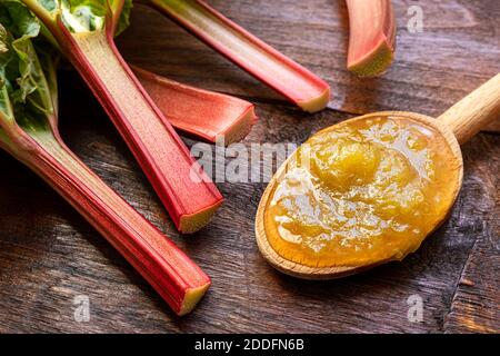 Un cucchiaio di legno con marmellata di rabarbaro fatta in casa e gambi di rabarbaro oraganico fresco su un vecchio sfondo di legno scuro, primo piano Foto Stock