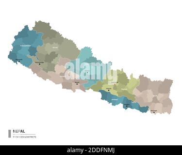 Nepal higt Mappa dettagliata con suddivisioni. Mappa amministrativa del Nepal con il nome di distretti e città, colorata per stati e distretti amministrativi. Illustrazione Vettoriale