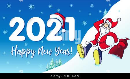 2021 Santa Hipster Happy New Year Card. Banner di Natale con Babbo Natale, numeri 20 21 in berretto rosso. Illustrazione vettoriale Illustrazione Vettoriale