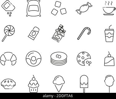 Icone zucchero o zucchero cibo e bevande Bianco e nero Set di linee sottili Grande Illustrazione Vettoriale