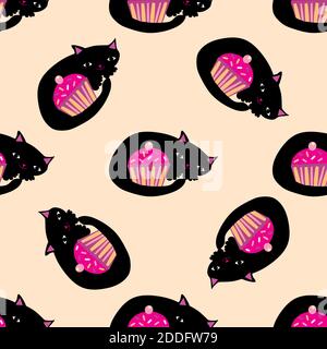 Carino kawaii gatti neri arricciati intorno cupcakes rosa. Sfondo di campitura senza giunture vettoriale. Sfondo con kitties cartoon che custodisce un muffin. Disegnato a mano Illustrazione Vettoriale