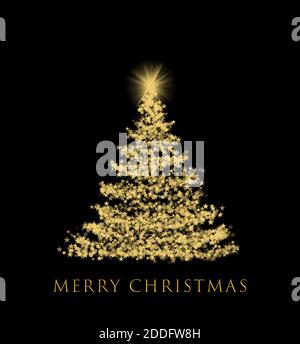 Albero di Natale astratto con stelle dorate su sfondo nero. Foto Stock