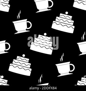 Caffè e torta senza cuciture. Tè e dolci modello. Design del menu. Illustrazione vettoriale. Tè e torta senza cuciture modello. Silhouette bianca su un nero Illustrazione Vettoriale