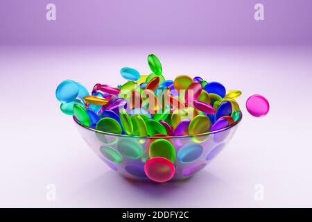illustrazione 3d di piccoli piatti di vetro con gengive colorate su sfondo rosa. Un regalo per i bambini. I dolci sono sparsi nelle vicinanze Foto Stock