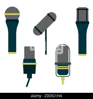 Set di microfoni per audio podcast speech o tecnologia di registrazione musicale Set di apparecchiature per concerti vocali isolate su sfondo bianco. Piatto Illustrazione Vettoriale