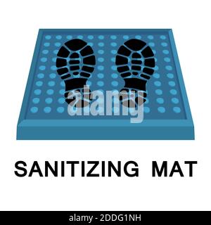Tappetino sanitario. Icona del tappetino di disinfezione. Disinfettante per calzature o bagni piedi con soluzione antisettica. Su sfondo bianco. Il concetto di coronavirus Illustrazione Vettoriale