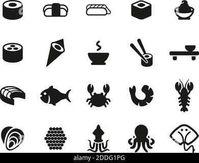 Icone di sushi Set Bianco e nero Grande Illustrazione Vettoriale