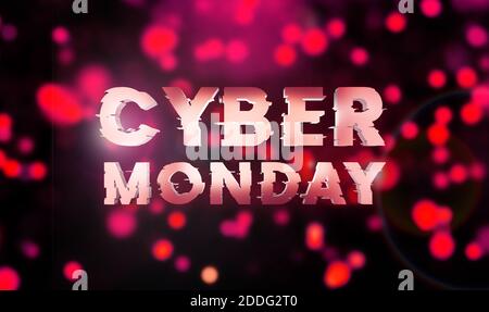 Banner viola per la vendita del Cyber monday. Offerta Cyber online evento di vendita. Rendering 3D. Scintille glitter e testo cyber lunedi. Foto Stock