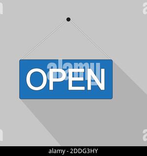 L'etichetta sullo sportello è aperta . Icona grafica sulla porta del negozio. Cartello per ufficio, caffè, mercato al dettaglio. Etichetta informativa o etichetta per la supermar Illustrazione Vettoriale