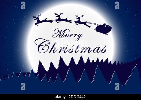 Modello di cartolina natalizia con albero di Natale, stelle, luna e Babbo Natale con silhouette di renna al chiaro di luna. Banner o poster per Christma Illustrazione Vettoriale