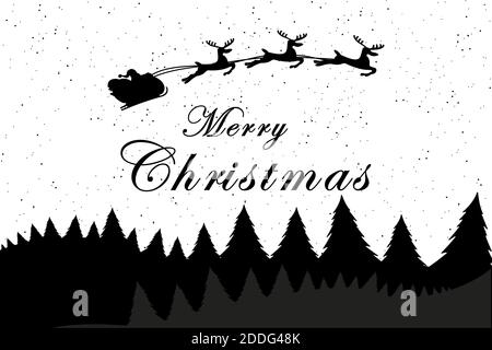 Modello di cartolina natalizia con albero di Natale, stelle, luna e Babbo Natale con silhouette di renna al chiaro di luna. Banner o poster per Christma Illustrazione Vettoriale