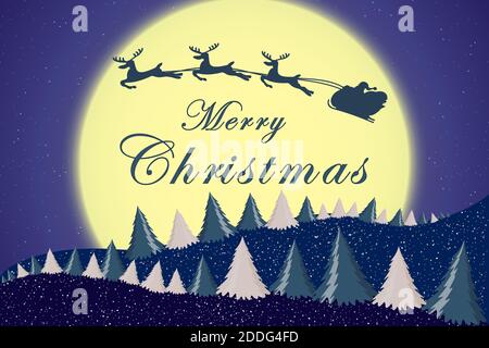 Modello di cartolina natalizia con albero di Natale, stelle, luna e Babbo Natale con silhouette di renna al chiaro di luna. Banner o poster per Christma Illustrazione Vettoriale