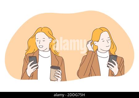Smartphone, comunicazione online, concetto di chat. Giovane donna d'affari che cammina con caffè e smartphone, chattando, cercando informazioni in intern Illustrazione Vettoriale