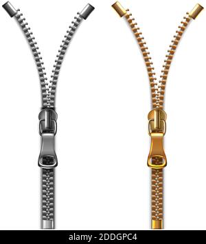 zip vettoriale 3d realistica, aperta in argento e rame. Immagine su sfondo bianco. Illustrazione Vettoriale
