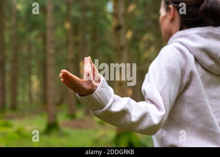 Una donna inriconoscibile che si siede su un tree stump in Lotus posa e fai yoga con gli occhi chiusi mentre ti godi i boschi Foto Stock