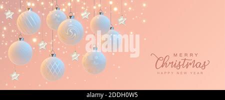 Buon Natale e felice anno nuovo banner realistico con decorazioni di Natale. Illustrazione 3D Illustrazione Vettoriale