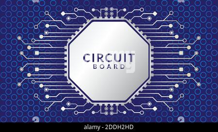 Processore a microchip ottagonale con struttura circolare su sfondo blu. AI. Scheda a circuito elettrico. Background high tech. CPU per computer in metallo c Illustrazione Vettoriale