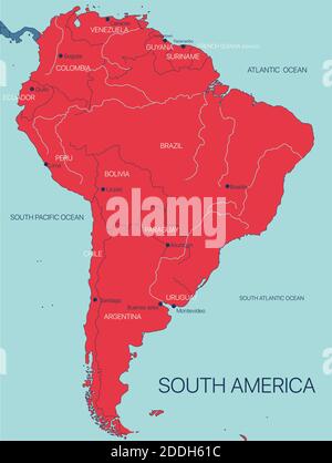 Mappa vettoriale del continente sudamericano con i paesi. Illustrazione vettoriale modificabile. Combinazione di colori di tendenza Illustrazione Vettoriale