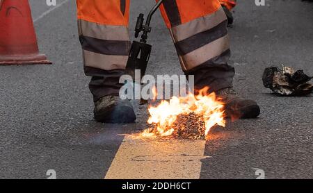 Berlino, Germania. 25 Nov 2020. Un lavoratore rimuove la segnaletica stradale temporanea sulla strada Unter den Linden. Dopo lo smantellamento del cantiere della nuova linea metropolitana U5, che va dal Rotes Rathaus al Brandenburger Tor, gli esperti stanno svolgendo i lavori di marcatura. Credit: Paul Zinken/dpa/Alamy Live News Foto Stock
