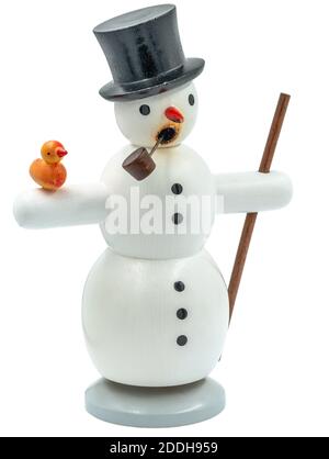 Originale legno intagliato neve uomo Natale Fumare uomo figurine taglio su uno sfondo bianco Foto Stock