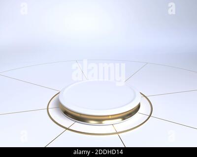 Palcoscenico di prodotto bianco e oro su sfondo bianco. Piedistallo del prodotto. Forma del cilindro. Rendering 3D. Foto Stock