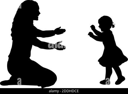 Silhouette di piccola figlia che prende i primi passi verso la madre. Icona del simbolo dell'illustrazione Illustrazione Vettoriale