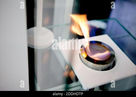 Bioetanolo alimentato camino portatile che brucia a casa, per il fuoco vivo a casa, non camino e mantelpiece è necessario. Il bioetanolo liquido brucia nel bicchiere. Foto Stock